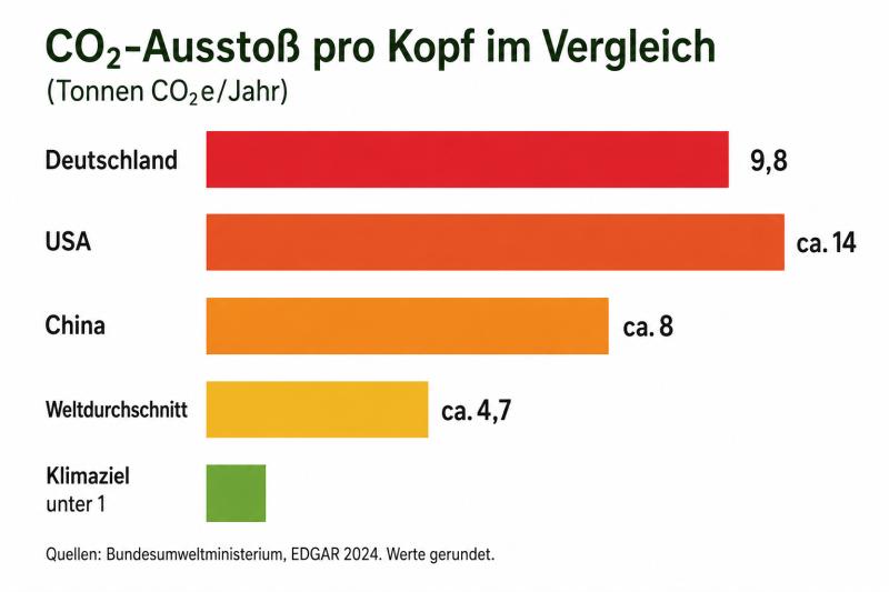 Balkendiagramm zeigt CO₂-Ausstoß pro Kopf im Ländervergleich. Deutschland 9,8 Tonnen, USA ca. 14, China ca. 8, Weltdurchschnitt ca. 4,7, Klimaziel unter 1 Tonne pro Jahr.