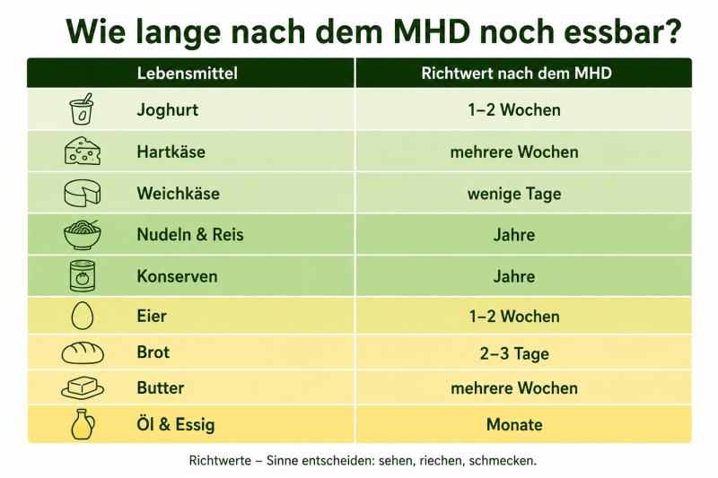 Referenztabelle zeigt Lebensmittelkategorien und Zeitspannen nach MHD-Ablauf, von Joghurt (1–2 Wochen) bis Konserven (Jahre). Fußnote: Richtwerte, Sinne entscheiden.