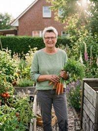 Heike mit erdig schmutzigen Händen bei der Gartenarbeit und Ernte im eigenen Naturgarten in Schleswig-Holstein.