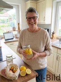 Heike, Gründerin des Blogs das geht besser, steht in ihrer Landhausküche und hält ein Glas mit selbstgemachtem Haushaltsreiniger.